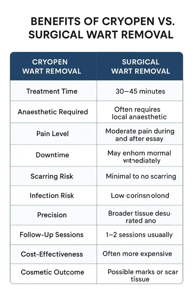 Table showing the benefits of cryopen to remove warts Hampstead compared to surgical treatment